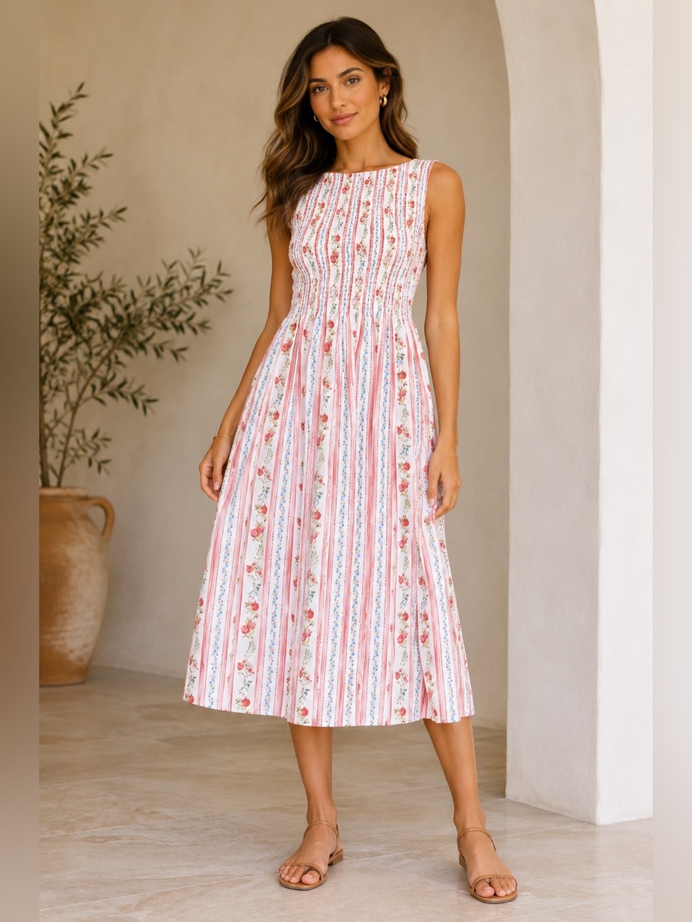 CAROLINE CONSTAS - NWT - Sleeveless Pink Floral Stripe Midi Dress (100% cotton)